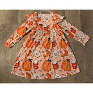 New Boutique Girls Size (120) 5-6 Beautiful Fall Dress With Pumpkins & Donuts